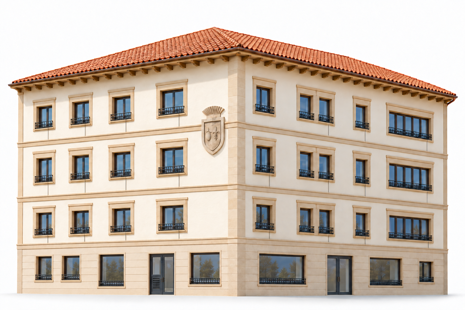 Imagen orientativa de la rehabilitación de Bagà Residencial, con fachadas claras, escudo histórico y esquina revestida de piedra