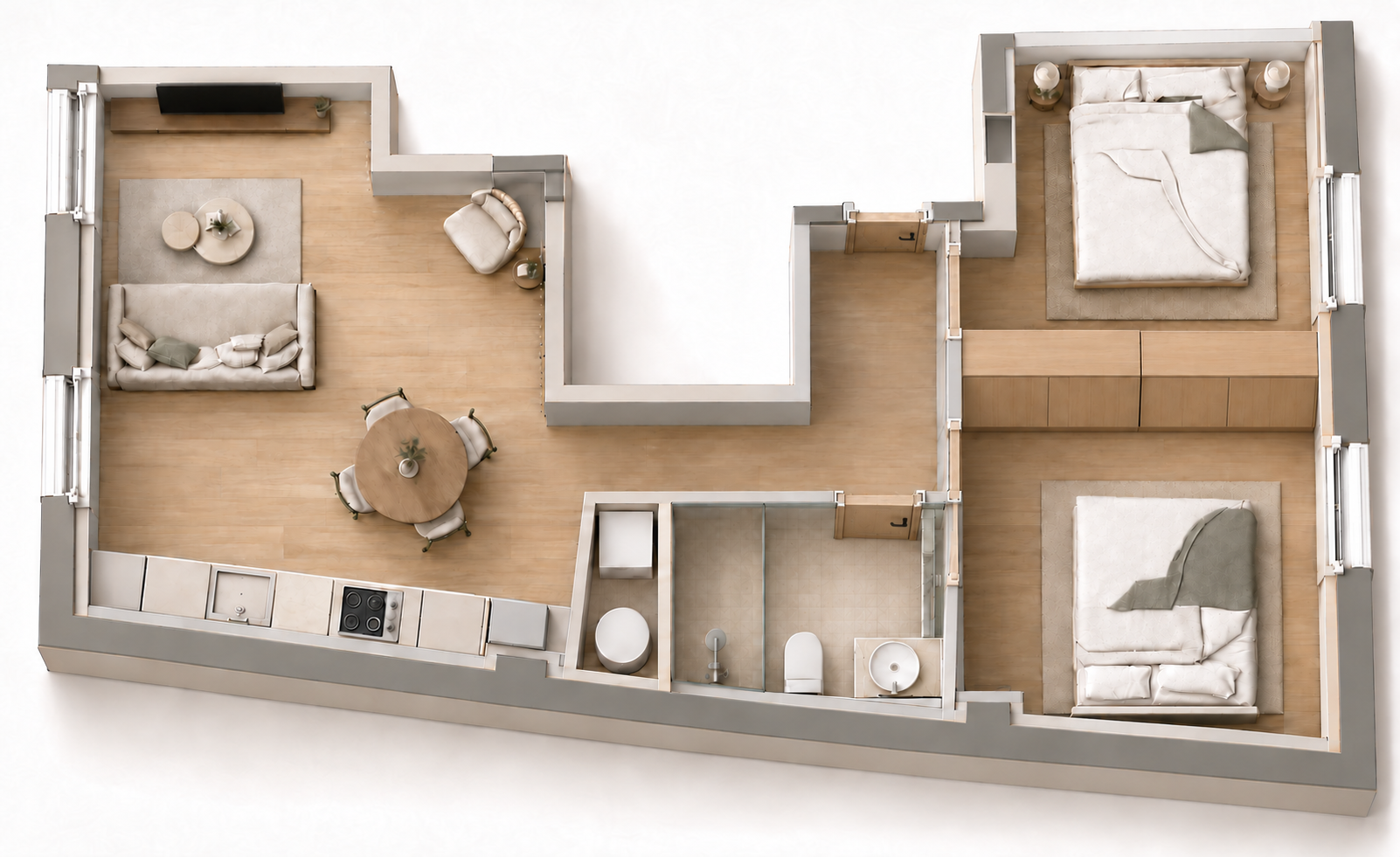 Vista 3D orientativa de la tipología A, dos habitaciones